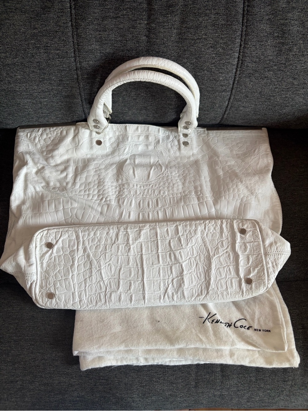 Kenneth Cole White Croc-Embossed Leather Tote Bag